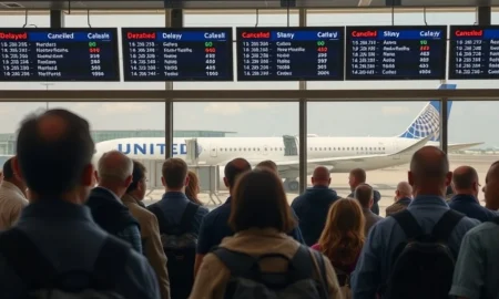 Passengers experience significant United Airlines Delays at a busy airport terminal, with many flights showing as grounded due to a technical issue.