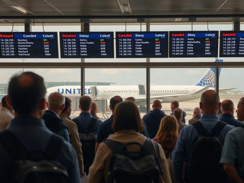 Frustrated passengers at an airport facing significant United Airlines delays due to a system-wide technical grounding, highlighting travel disruption.