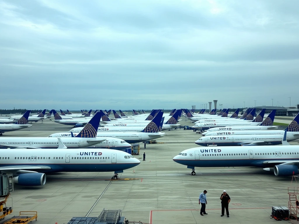 United Airlines grounding planes at a major hub airport, symbolizing widespread flight disruptions and operational challenges.