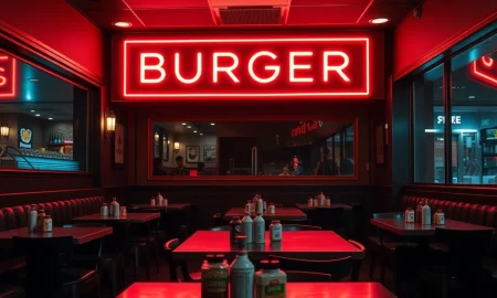 Closed upscale burger chain location showing empty dining area and dark signage
