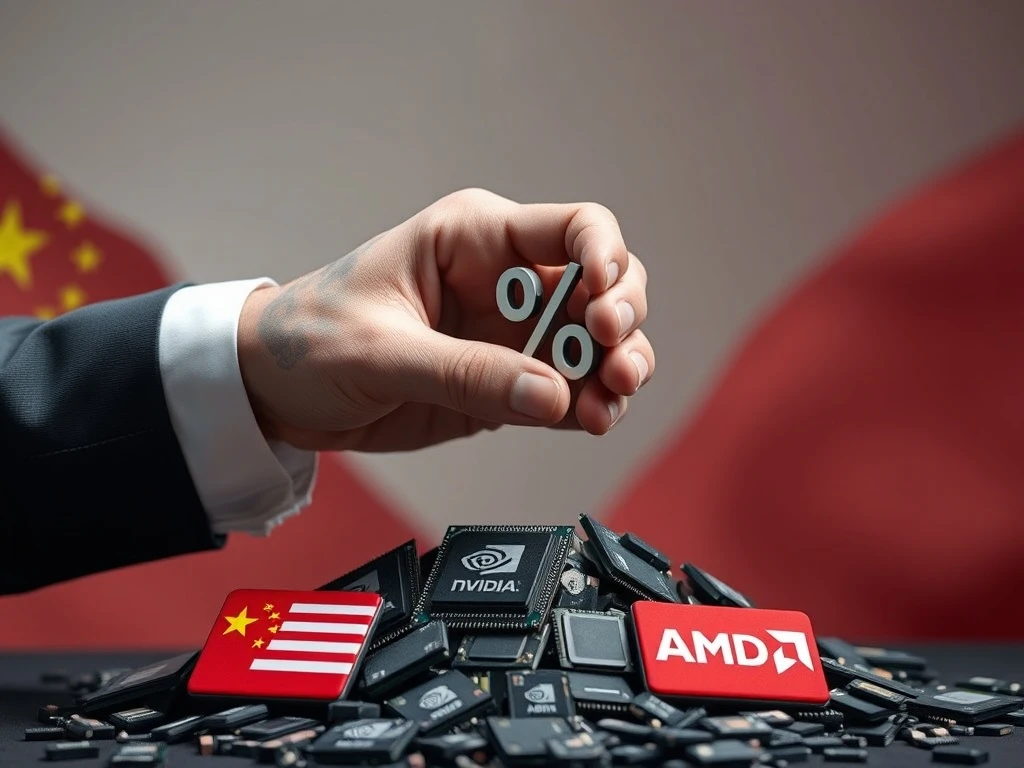 Illustration depicting the US government's reported share of US China chip revenue from Nvidia and AMD's sales.