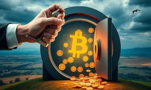 A digital representation of a lock breaking and crypto flowing into a vault, symbolizing a successful **US crypto seizure** from a ransomware operator.