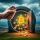 A digital representation of a lock breaking and crypto flowing into a vault, symbolizing a successful **US crypto seizure** from a ransomware operator.