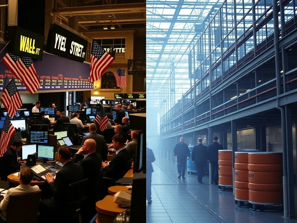 A visual representation of the conflicting signals within the US economy, contrasting optimistic market charts with challenging economic data.