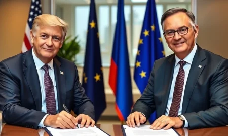 US-EU tariff deal signing ceremony with officials finalizing LNG and AI-chip agreements