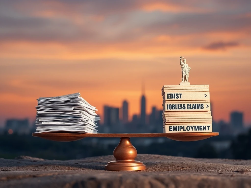 A balanced scale showing low jobless claims against stable employment, reflecting the resilience of the US labor market.