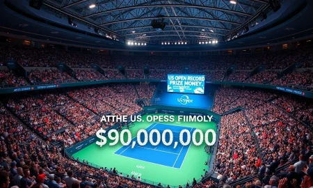 A vibrant image of Arthur Ashe Stadium, highlighting the record-breaking U.S. Open prize money displayed on a large screen, symbolizing the significant financial scale of the tournament.