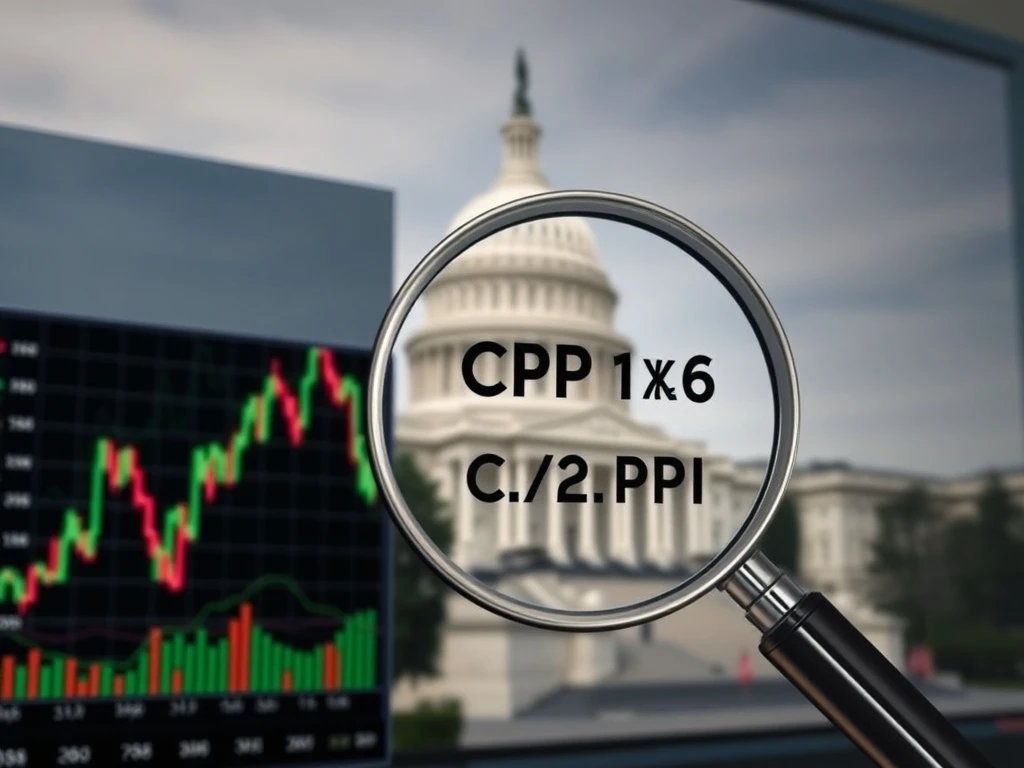 A chart showing steady US stock futures, with economic data reports in the foreground, indicating the market's anticipation of upcoming inflation reports.