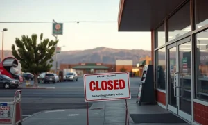 A closed grocery store entrance with a 'For Lease' sign, symbolizing the devastating impact of US tariffs on a California grocer.