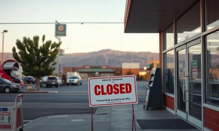 A closed grocery store entrance with a 'For Lease' sign, symbolizing the devastating impact of US tariffs on a California grocer.