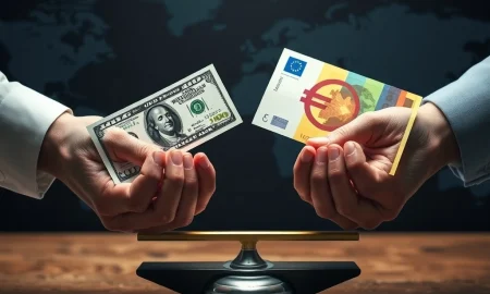 A balanced scale showing the stability of the USD/EUR currency pair, symbolizing its importance in global forex markets for traders.