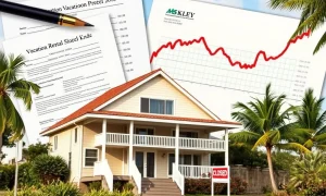 An illustration showing a vacation rental property with legal documents, symbolizing a major vacation rental brand facing bankruptcy.