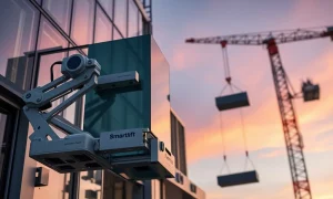 A modern Smartlift glazing robot, a type of vacuum lifter, safely installing a large glass panel on a construction site, demonstrating efficient material handling.