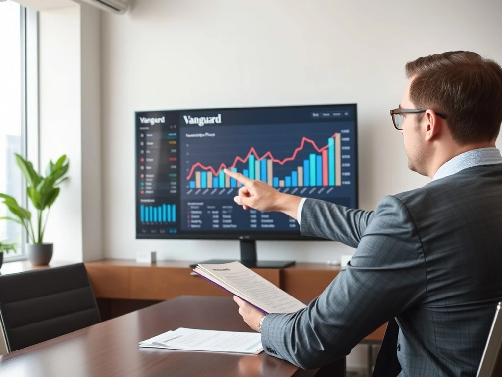 Vanguard conservative strategy meeting with investment analysts reviewing market data and portfolio performance charts