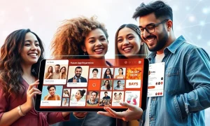 A diverse group of digital creators interacting with a seamless superapp interface on a device, symbolizing the empowerment offered by VuMe Live.