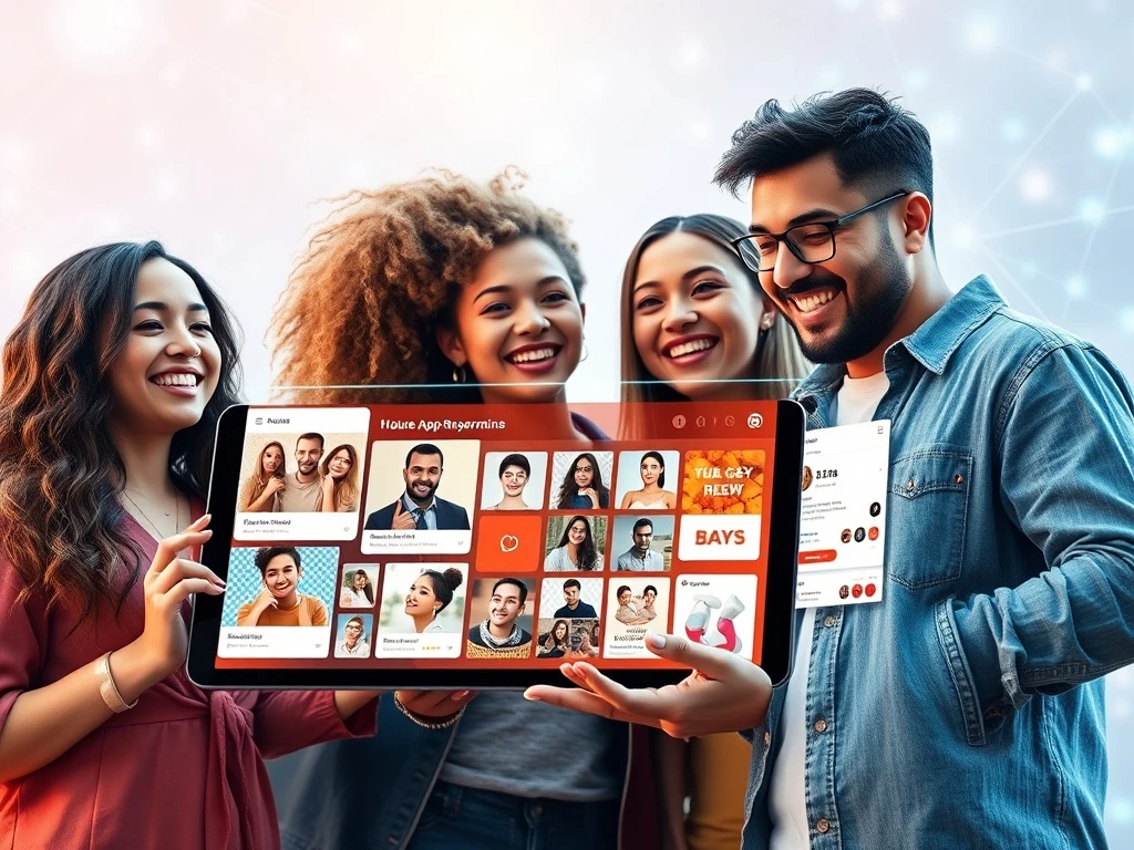 A diverse group of digital creators interacting with a seamless superapp interface on a device, symbolizing the empowerment offered by VuMe Live.