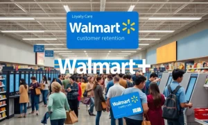 A busy Walmart store showcasing efficient operations and a new loyalty program aimed at boosting Walmart customer retention.