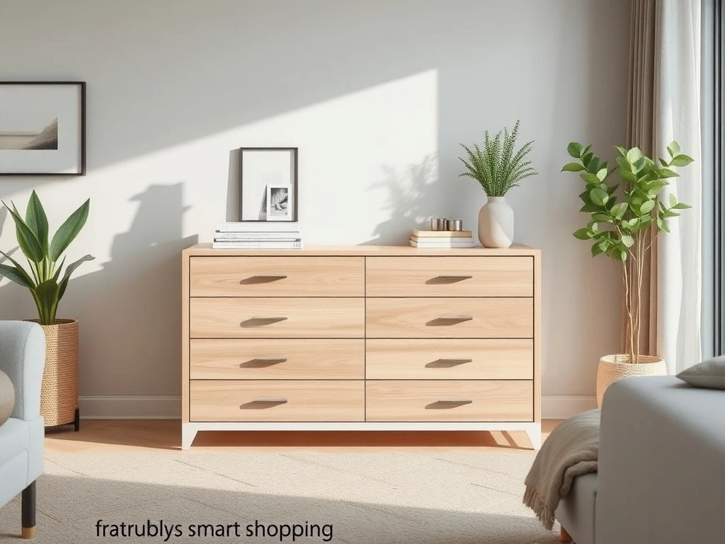 A sleek, affordable Walmart dresser positioned in a bright room, highlighting its value and attractive design.