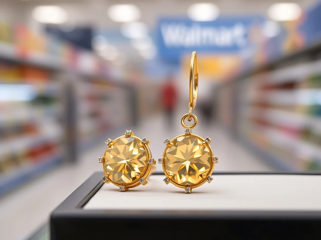 Elegant gold-plated crystal Walmart earrings, sparkling on display, representing affordable luxury for shoppers.