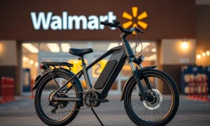 A powerful Walmart electric bike on display, highlighting its affordability and readiness for adventure.