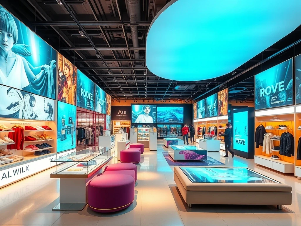 A vibrant, modern interior of the new Walmart store format, showcasing interactive displays and open spaces designed for younger shoppers.