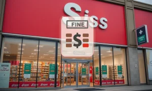 Illustrates the Walmart overcharging settlement, showing a large retail store and a symbol of financial penalty, emphasizing consumer protection.