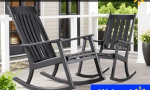 A modern and comfortable Walmart patio chair, an affordable rocking chair, positioned on an inviting outdoor patio.