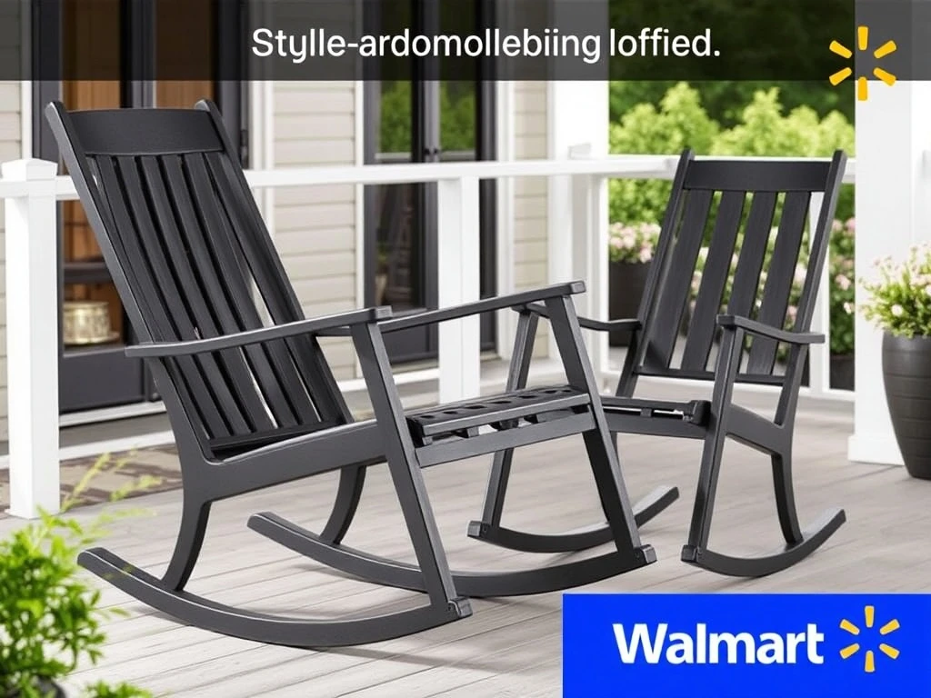 A modern and comfortable Walmart patio chair, an affordable rocking chair, positioned on an inviting outdoor patio.