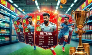 Illustrating a groundbreaking Web3 loyalty campaign, featuring digital football player cards, crypto rewards, and a prestigious award trophy, symbolizing innovation in customer engagement.