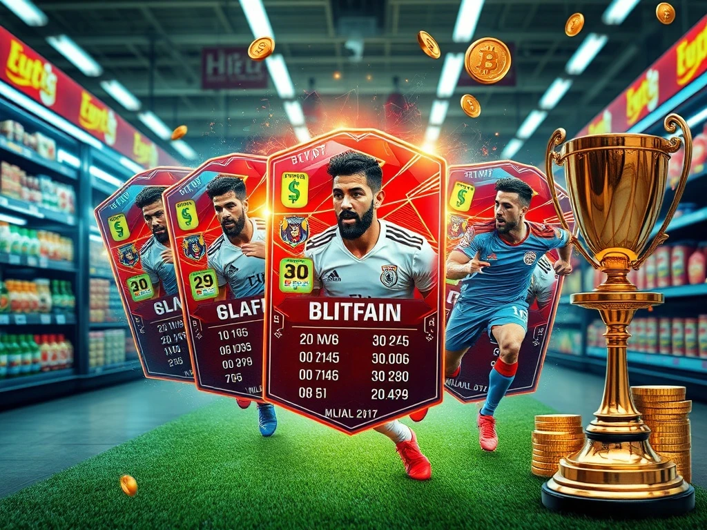 Illustrating a groundbreaking Web3 loyalty campaign, featuring digital football player cards, crypto rewards, and a prestigious award trophy, symbolizing innovation in customer engagement.