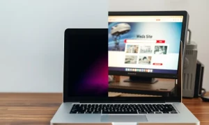 A vibrant, modern website design overlaying a faded, outdated one, symbolizing the need for a website redesign to improve digital presence and user engagement.