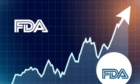 A rising stock chart indicates significant gains for Novo Nordisk following the landmark Wegovy FDA approval, signaling market confidence.