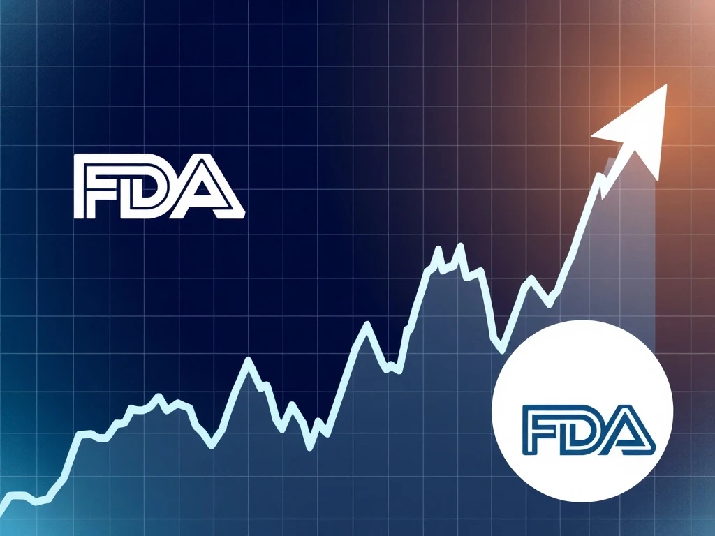 A rising stock chart indicates significant gains for Novo Nordisk following the landmark Wegovy FDA approval, signaling market confidence.