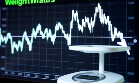 WeightWatchers stock chart showing a decline, illustrating the unexpected market reaction to increased weight-loss drug subscriptions.