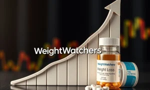 Graph showing WeightWatchers stock soaring due to successful weight-loss drug subscriptions, reflecting strong revenue growth.