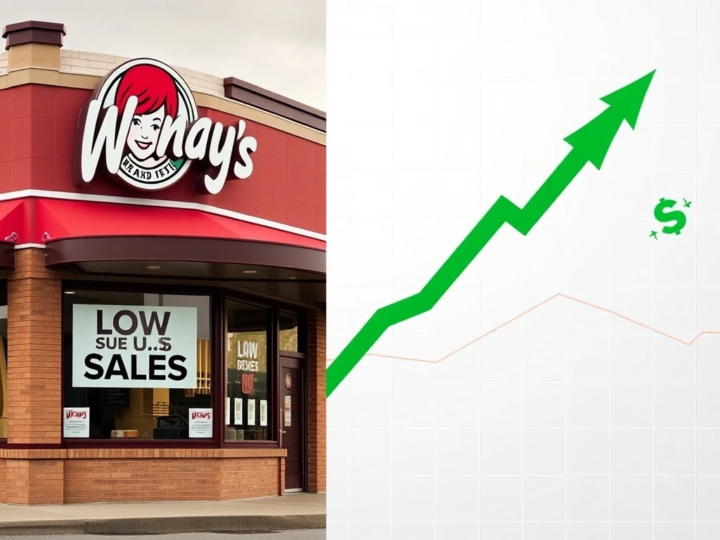 Chart showing rising Wendy's stock contrasting with a Wendy's restaurant, symbolizing its paradoxical market performance.