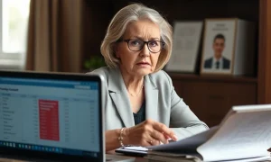 Frustrated widow reviewing brokerage account statements with $200,000 balance