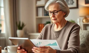 A thoughtful woman reviewing her investments, symbolizing the importance of informed **widow financial planning**.