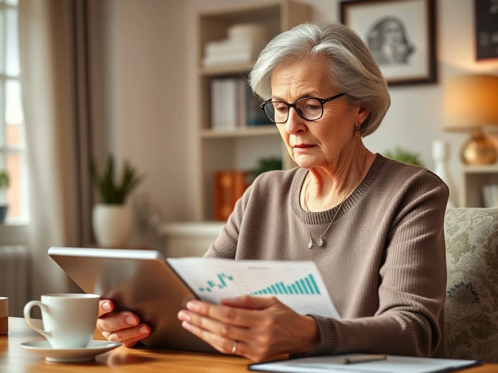 A thoughtful woman reviewing her investments, symbolizing the importance of informed **widow financial planning**.