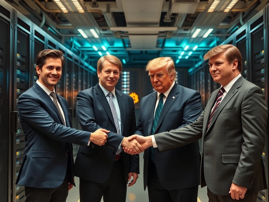 Winklevoss twins and Trump family members solidify a Bitcoin mining investment, symbolizing a new strategic alliance in crypto.