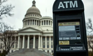 A secure crypto ATM displaying a fraud warning, symbolizing Wisconsin's legislative efforts to prevent crypto ATM scams and protect users.