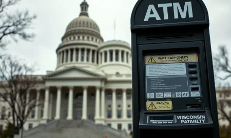 A secure crypto ATM displaying a fraud warning, symbolizing Wisconsin's legislative efforts to prevent crypto ATM scams and protect users.