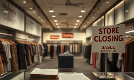 A 'Store Closing' sign in a women's fashion store, symbolizing the profound impact of a significant **women's fashion bankruptcy** on the retail landscape.