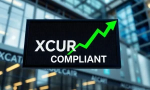 A digital display showing XCUR stock ticker with a green checkmark, symbolizing Exicure Inc.'s successful XCUR Nasdaq compliance.