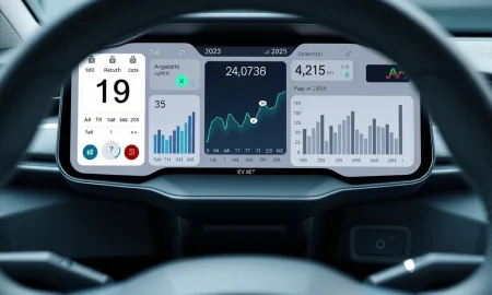 A digital dashboard shows financial data and a highlighted date, signaling the upcoming XPENG Earnings report for Q2 2025.