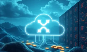 A stylized digital representation of XRP coins flowing into a cloud, symbolizing XRP cloud mining and corporate finance growth.