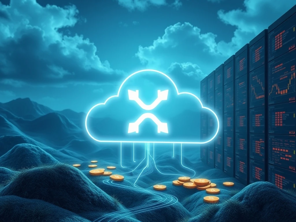 Illustrating the innovative process of XRP Cloud Mining, showing digital currency flowing from cloud servers powered by green energy, symbolizing passive income generation.
