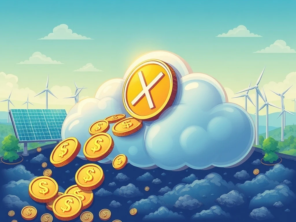 Visualizing XRP cloud mining generating stable USD returns through sustainable energy. This depicts a new income strategy for XRP holders.