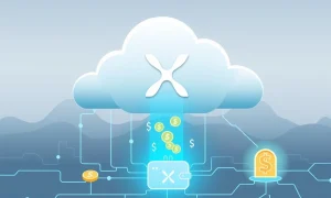 A visual representation of XRP Mining, showing digital coins connecting to a cloud mining platform, symbolizing earning Ripple's digital asset.