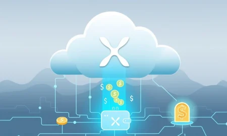 A visual representation of XRP Mining, showing digital coins connecting to a cloud mining platform, symbolizing earning Ripple's digital asset.